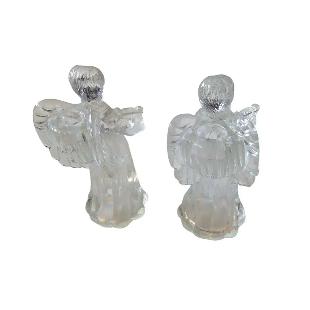 Glass Angel Taper Candle Holder Playing Harp 6 Inches Set of 2 In Box VTG CB3